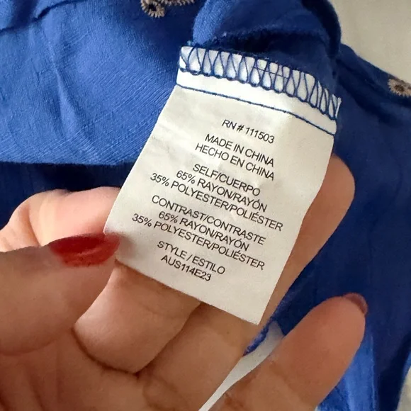 Fig & Flower Blue/Brown Embroidery 3/4 Sleeve Blouse Tunic Top Boho Sz Small - Picture 9 of 10